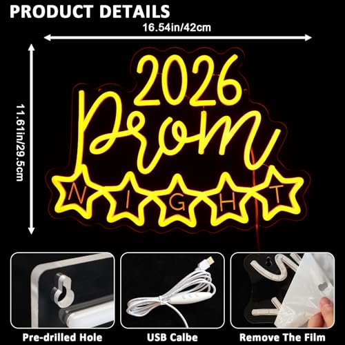 2026 Prom Night Neon Sign for Wall Decor, High School College Prom Led Signs for Dance Party, USB Dimmable Neon Lights for Class of 2026 Graduation Party Photo Backdrop - style: 2026 Prom