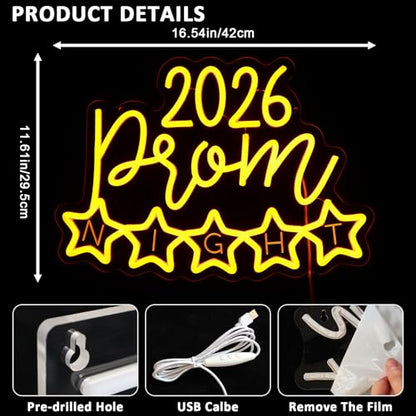 2026 Prom Night Neon Sign for Wall Decor, High School College Prom Led Signs for Dance Party, USB Dimmable Neon Lights for Class of 2026 Graduation Party Photo Backdrop - style: 2026 Prom