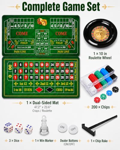Roulette Wheel Game Set Include 47.2" x 23.6"Rubber Tabletop Layout Mat(Double Sided)，10 Inch Roulette Wheel，200 Chips Dealer Button，Win Marker，3 Dices，Chip Rake Casino Game Sets Gift Ideas