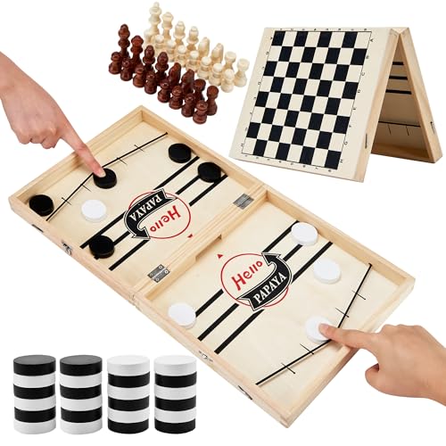 HELLO PAPAYA Foldable Fast Sling Puck Game with Chess Board and Checkers Board, Tic Tac Toe. Wooden Air Hockey Family Night,Table Games Gifts for Adults and Kids - size: Large