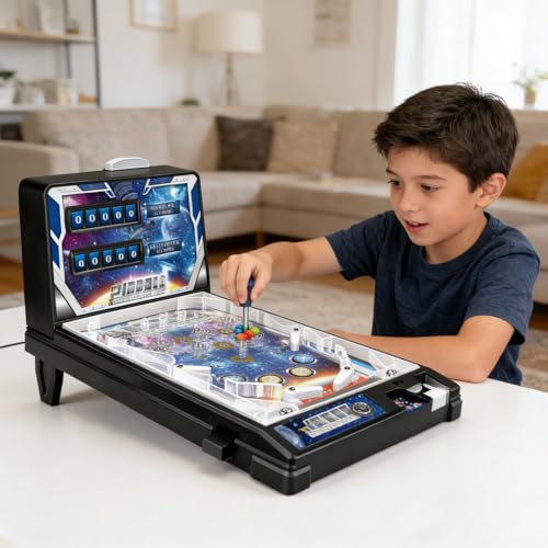 Mini Pinball Game for Kids, Desktop Pinball Machine, Kids Mini Arcade Pinball Toy with Launcher & Metal Ball, Desktop Ball Shooting Toy, for Boys Girls Birthday