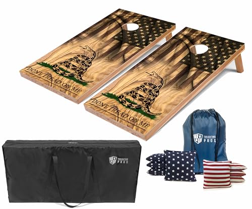 Tailgating Pros Cornhole Boards - 4'x2' Lightweight Regulation Flag & Patriotic Outdoor Themed Cornhole Game w/Carrying Case & Set of 8 Corn Hole Bean Bags w/Tote - color: Don't Tread on Me