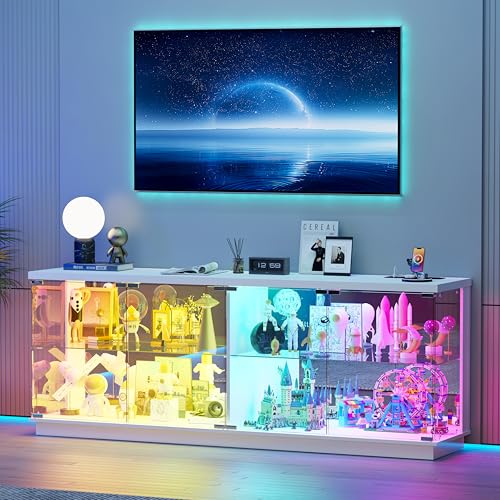 Lvifur Large Display Case - with Glass Door,59" W Glass Display Cabinet with RGB Lights for Collectibles,Lighted Curio Cabinet with Motion Sensor Light,China Cabinet for Living Room - color: White