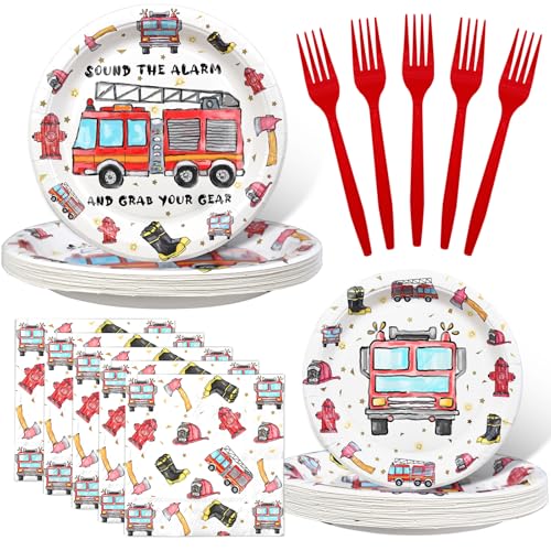 Firetruck Theme Birthday Party Tableware Set with Plates, Napkins, and Forks - style: Firetruck