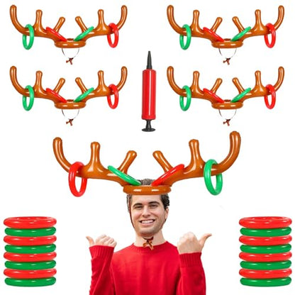 4 Pack Inflatable Reindeer Antler Ring Toss Game, Reindeer Ring Toss Game for Christmas Party, Family, Christmas Decoration, Xmas Fun Amusements (4 Antlers 16 Rings 1 Pump)