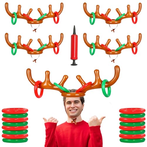 4 Pack Inflatable Reindeer Antler Ring Toss Game, Reindeer Ring Toss Game for Christmas Party, Family, Christmas Decoration, Xmas Fun Amusements (4 Antlers 16 Rings 1 Pump)