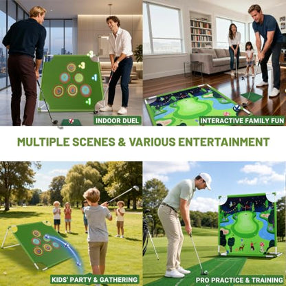 Owine Golf Chipping Game Set, 70" x70'' Double Sided Golf Hitting Mat with 2 Clubs and 20 Sticky Balls, Indoor Outdoor Golf Practice Game for Adults Kids, Home Sport Party/Backyard Party Activity
