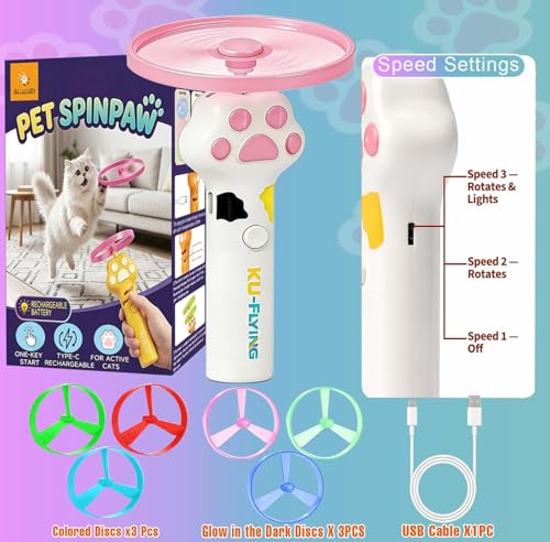 Cat Fetch Toy Auto Launcher 6 Discs 30m Range USB-C Rechargeable | Upgraded automatic disc launcher with 6 premium discs (3 glow), 30m range, USB-C rechargeable. Interactive indoor cat toy.