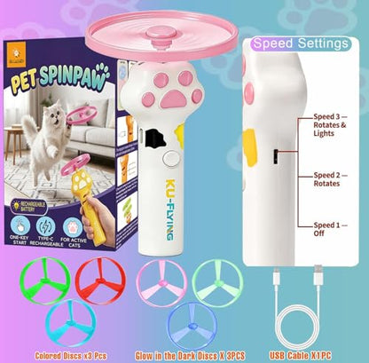 Cat Fetch Toy Auto Launcher 6 Discs 30m Range USB-C Rechargeable | Upgraded automatic disc launcher with 6 premium discs (3 glow), 30m range, USB-C rechargeable. Interactive indoor cat toy.
