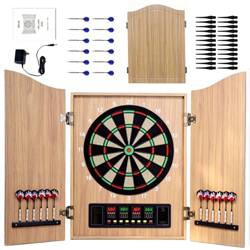 Electronic Dart Board Cabinet Set, Double Wood Door Panel Electric Darts Machine with LCD Display, Digital Scoreboard, Wall-Mounted Machine Includes Soft Darts for Family Game Room Clubs Events - color: Natural wood