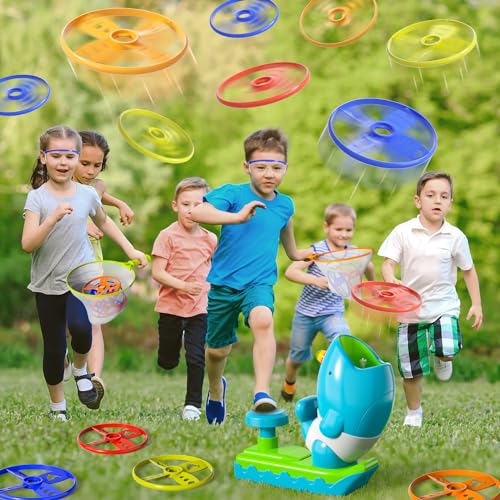 KukuFun 24-Pack Flying Disc Launcher Toys with Protective Glasses, Outdoor Outside Game Gifts for Kids Boys Ages 3-5 4-8, Fun Active Disc Launcher Set for Toddlers Girls Ages 3 4 5 6 7 8