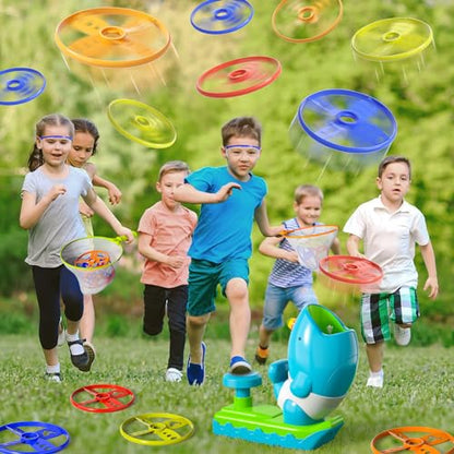 KukuFun 24-Pack Flying Disc Launcher Toys with Protective Glasses, Outdoor Outside Game Gifts for Kids Boys Ages 3-5 4-8, Fun Active Disc Launcher Set for Toddlers Girls Ages 3 4 5 6 7 8