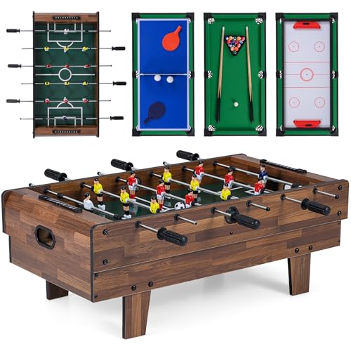 Giantex 4-in-1 Multi Game Table, Combo Foosball Game Table Top w/Billiards, Ping Pong, Push Hockey for Home, Game Room, Family Night & Arcade, Wood Combination Game Table Set for Adults - color: Dark Brown