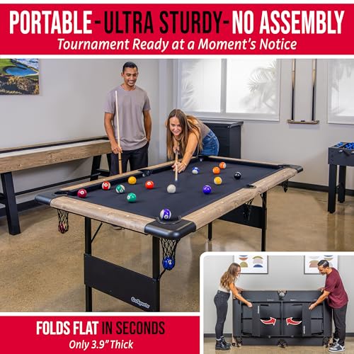 GoSports 6 ft Foldable Pool Tables - Portable Billiards Tables with Accessories - Black with Gray Felt or Oak with Black Felt - style: Oak with Black Felt