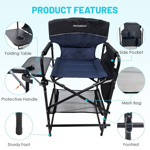 Tall Folding Director Chair 30.7" Seat Height Foldable Bar Stool for Makeup Artist Face Painting with Side Table Carry Bag and Cosmetic Bag Supports 350LBS - color: Navy-padded
