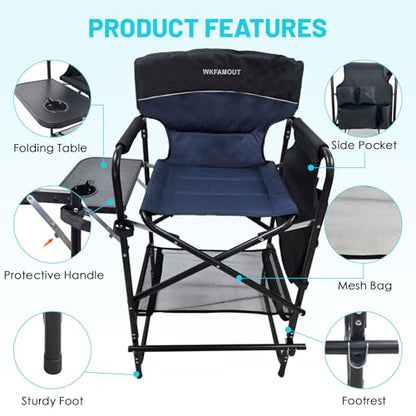Tall Folding Director Chair 30.7" Seat Height Foldable Bar Stool for Makeup Artist Face Painting with Side Table Carry Bag and Cosmetic Bag Supports 350LBS - color: Navy-padded
