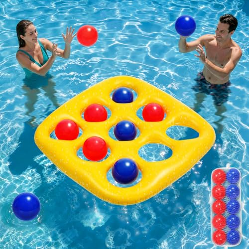 Pool Toys Games Set- Tic-Tac-Toe Inflatable PoolToy with 10 Balls Fun Summer Pool Party Beach Lawn Camping Party Float Game Water Ball Toys for AdultsTeens Kids 2-10 Players - color: Yellow