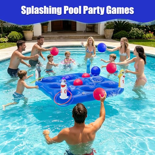 Shark Pool Toys Games Set, 2-in-1 Giant Inflatable Tic Tac Toe Float Game & Ring Toss Game with 10 Balls & 6 Rings, Outdoor Summer Fun Beach Yard Swimming Pool Games for Adults Teens Kids 6+ - style: Shark