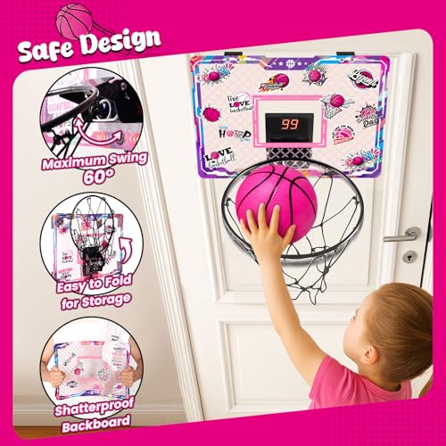 LovesTown Pink Indoor Mini Basketball Hoop, for Girls Ages 4-12, Over The Door Hoop with LED Lights & Electronic Scoreboard, 4 Balls, DIY Stickers, Sports Toys for Family Game Night - style: Charming