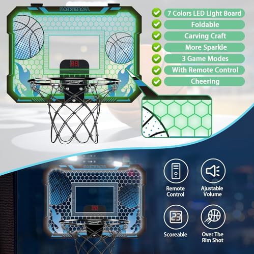 VROGTIK Indoor Basketball Hoop for Kids with Led Lights Mini Basketball Hoop with Remote Control Over The Door Basketball Hoops with Scoreboard Basketball Toys for 4-12 Year Old Boys Girls - style: Blue with Lights