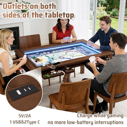 Haddockway Board Game Table with Adjustable Led Lights, 53.7in x 30.7in Play Area Removable Table Top Dining/Gaming Table with Charge Station, Play Mat, 6 Cup Holders & Trays (Black Walnut) - color: Blackwalnut With Led Light