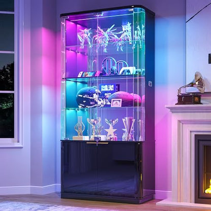 Dystler 71" Locking Glass Display Cabinet, 6-Tier Curio Case with RGB Light | Key Lock, Tempered Glass Shelves, RGB Motion-Sensor Lights, App Control, Curved Safety Edges, for Trophies & Figures - color: Black