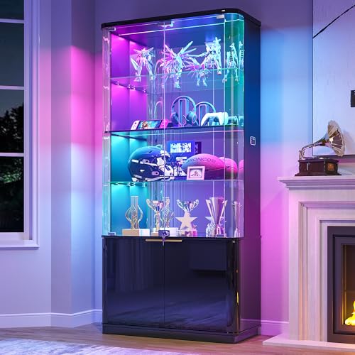 Dystler 71" Locking Glass Display Cabinet, 6-Tier Curio Case with RGB Light | Key Lock, Tempered Glass Shelves, RGB Motion-Sensor Lights, App Control, Curved Safety Edges, for Trophies & Figures - color: Black
