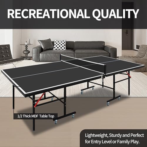 8ft Black Foldable Portable Table Tennis Table Set with Net, 2 Paddles, 3 Balls for Indoor Games - Competition Grade, Playback Mode
