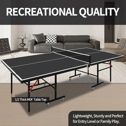8ft Black Foldable Portable Table Tennis Table Set with Net, 2 Paddles, 3 Balls for Indoor Games - Competition Grade, Playback Mode