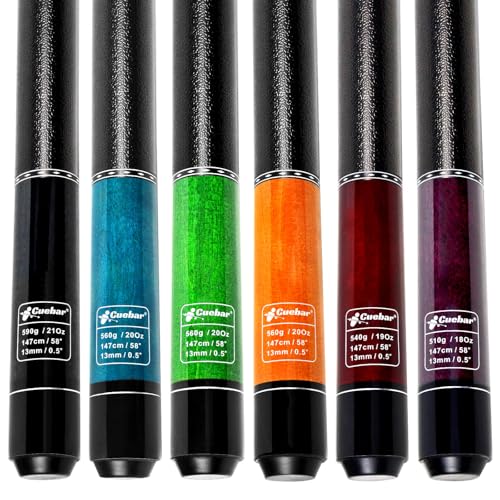 Set of 6 Pool Cues for House Bar, 58" 2-Piece Maple Billiard Sticks | 6 cues 18-21oz: 6 assorted colors. Imitation leather grip. For commercial & family group. Gift/self-use - color: Purple+Red+Orange+Green+Teal+Black