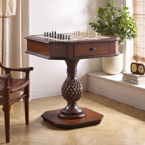 Chess Table, Reversible Chess Checker Game Table with 2 Drawers for Family Entertainment Room, 3-in-1 Square Game Tray for Chess Checker Backgammon, Deep Cherrywood - size: 28''-Chess Table Deep Cherry