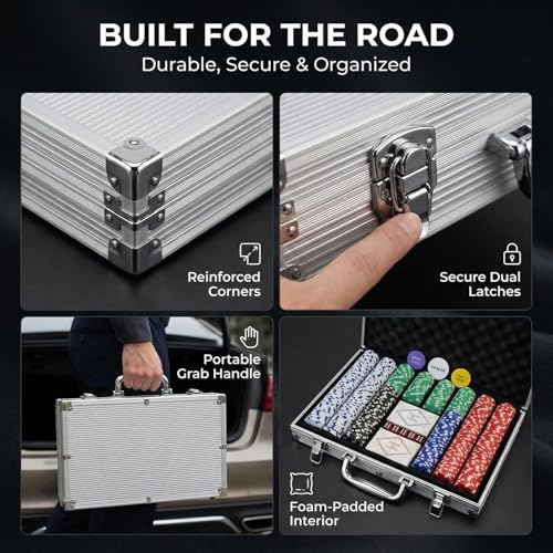 HEITOK 300pc Poker Chip Set 11.5g Iron Core Denominations Texas Holdem | 2-8 players, numbered values 1/5/25/100/500, aluminum case, cards, dice, dealer/small/big blind buttons, Blackjack - size: 300 numbered chips set