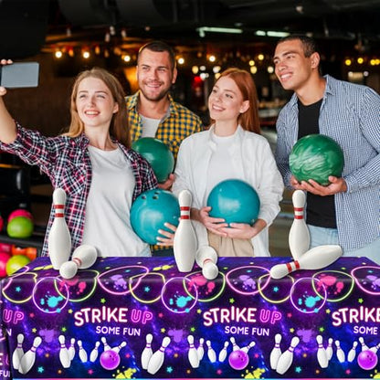 Bowling Birthday Supplies Tablecloth 3Pcs Let's Strike Up Some Fun Bowling Party Decorations Rainbow Neon Glow Girls Birthday Party Favors Disposable Plastic Table Cover