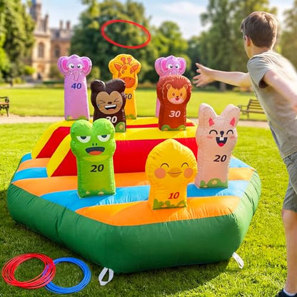 6FT Inflatable Ring Toss Game with 20 Rings & Built-in Blower, Inflatable Carnival Toss Game for Backyard, Camping, Event, Family Party