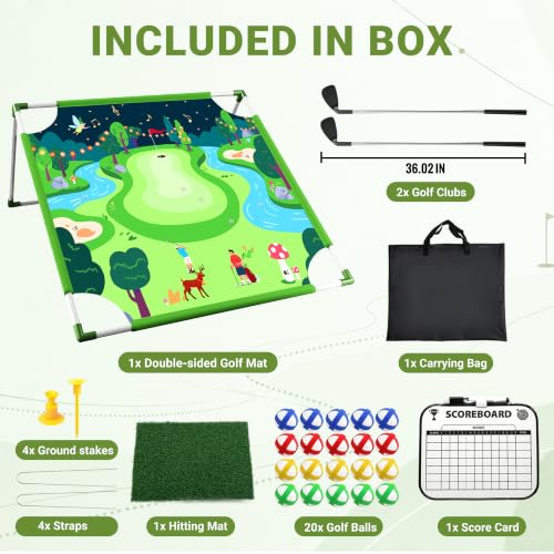 Owine Golf Chipping Game Set, 70" x70'' Double Sided Golf Hitting Mat with 2 Clubs and 20 Sticky Balls, Indoor Outdoor Golf Practice Game for Adults Kids, Home Sport Party/Backyard Party Activity