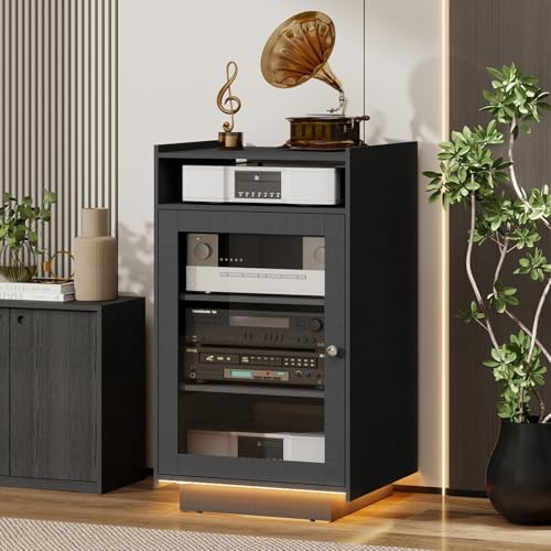 ELECWISH Media Cabinet with Tempered Glass Door, 5-Tier Stereo Cabinet with Adjustable Shelf, Media Stand with LED Light, AV Rack with Cable Management