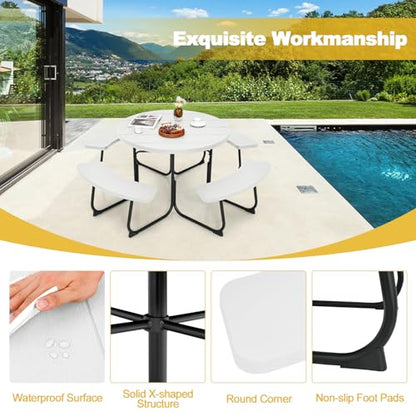 Tangkula 8 Person Picnic Table, Outdoor Round Picnic Table with 4 Built-in Benches, Umbrella Hole, Metal Frame & HDPE Tabletop, Outside Table and Bench Set for Backyard, 2300lbs Weight Capacity - color: White