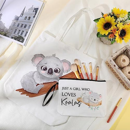 Sieral 2 Pcs Animal Lover Bag Gift for Women Travel Canvas Tote Portable Zipper Pouch Canvas Reusable Grocery Tote - style: Koala