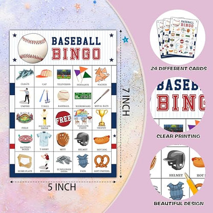 Baseball Bingo Cards, Baseball Bingo Games for 24 Players, Sports Games for Family Friends Large Group Activities, Birthday Party Favors Supplies Decorations(25) - style: Baseball