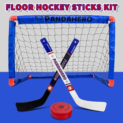 Pandahero Mini Hockey Net Set for Kids – Indoor Knee Floor Hockey Kit with 2 Goals - 27.5" x 18.3", 4 Mini Sticks & 8 Soft Foam Balls and Pucks – Indoor Toy Set for Boys & Girls