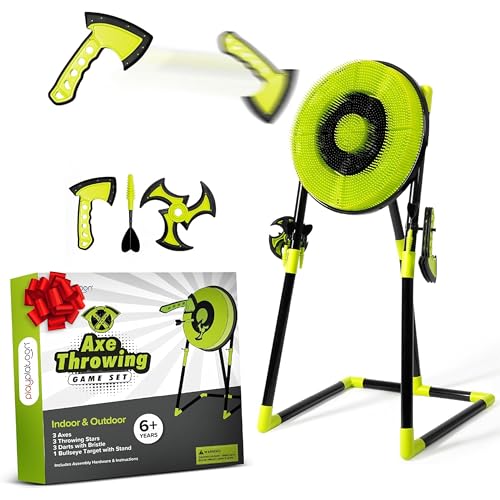 Play Platoon Kids Axe Throwing Game for Backyard, Ax Throwing Game Set for Adults and Kids - 3 Plastic Toy Hatchets, Ninja Stars, and Darts, Bristle Dart Board Indoor Outdoor Fun