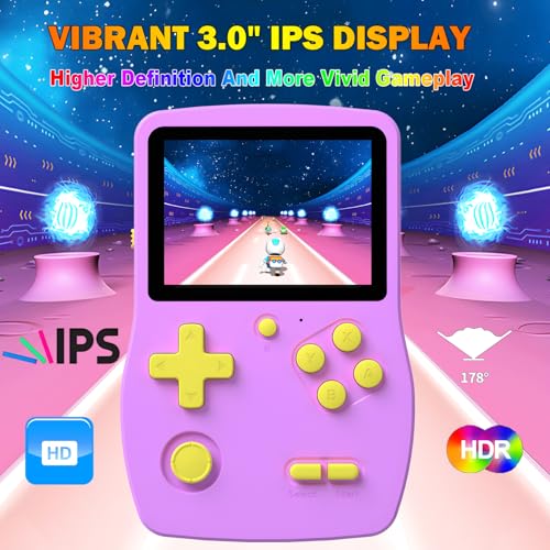 32 Bit Handheld Games for Kids Preloaded 139 Video Games, Portable Video Gaming Player with 3.0" IPS Screen and Rechargeable Battery, Mini Travel Games Electronic Gifts Toys for Boys Girls, Purple - color: Purple