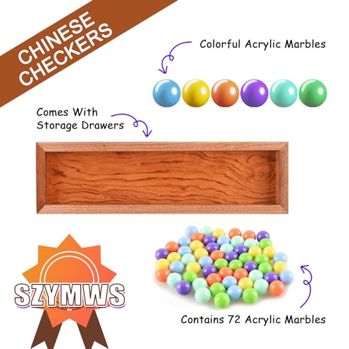 15" Large Upgraded Wooden Chinese Checkers Board Game, 16mm 60+12 Colorful Marbles, Easy Grasp, Storage Drawer, Perfect for Family Gathering