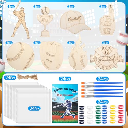 Saypacck 24 Pcs Baseball Party Favors Wooden Painting Craft Kits Birthday Party Supplies with Organza Bag for Goodie Bags Fillers Adult Thank You Gifts - style: Sport Theme