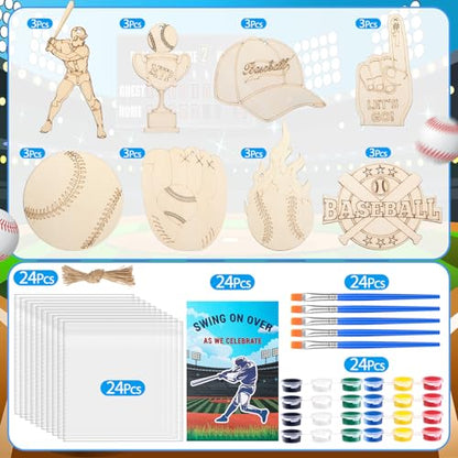 Saypacck 24 Pcs Baseball Party Favors Wooden Painting Craft Kits Birthday Party Supplies with Organza Bag for Goodie Bags Fillers Adult Thank You Gifts - style: Sport Theme