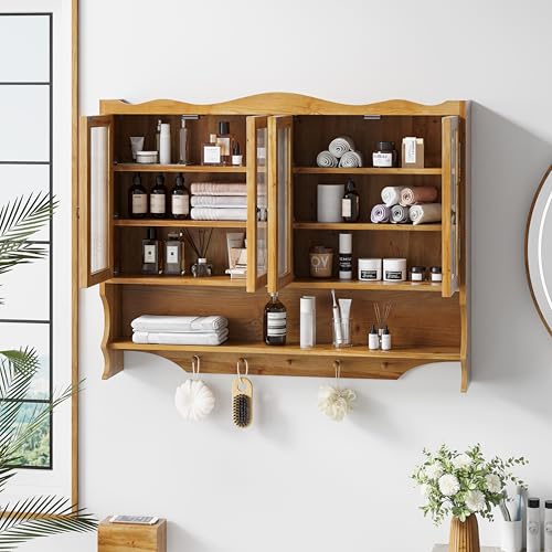 Retro Style Haze Four Glass Door Wood Wall Cabinet with Detachable Shelves for Office, Dining Room,Living Room, Kitchen and Bathroom - color: Natural(4)