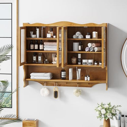 Retro Style Haze Four Glass Door Wood Wall Cabinet with Detachable Shelves for Office, Dining Room,Living Room, Kitchen and Bathroom - color: Natural(4)
