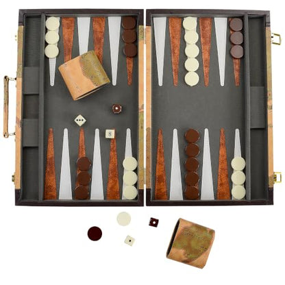 Backgammon, Backgammon Sets for Adults, 15" Leather Travel Backgammon Sets - Classic Board Game (World Map Design) - color: Map