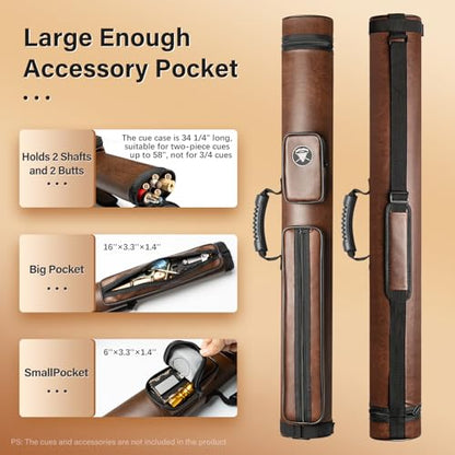 Adhafera Pool Cue Case, 2 X 2 Hard Pool Stick Case, Made of Faux Leather Billiards Accessories - color: Brown