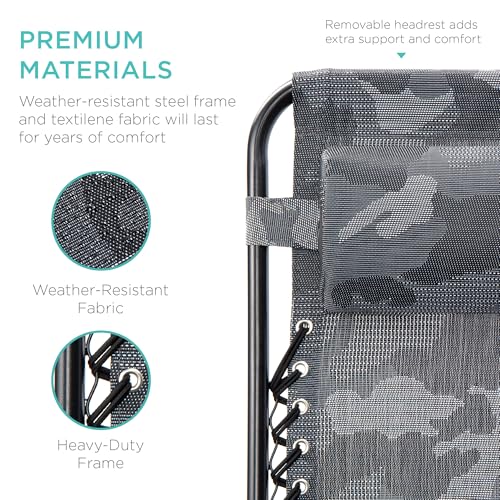 Best Choice Products Set of 2 Adjustable Steel Mesh Zero Gravity Lounge Chair Recliners w/Pillows and Cup Holder Trays - Camoflage - color: Camouflage, size: Standard